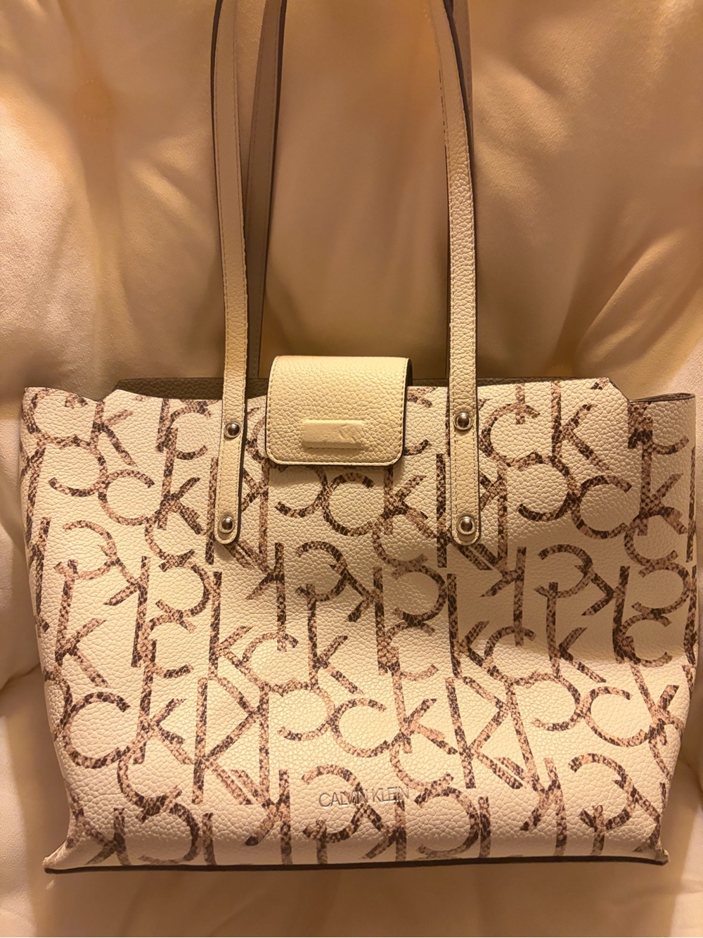 Calvin Klein Cream Monogram Tote with Brown CK Print